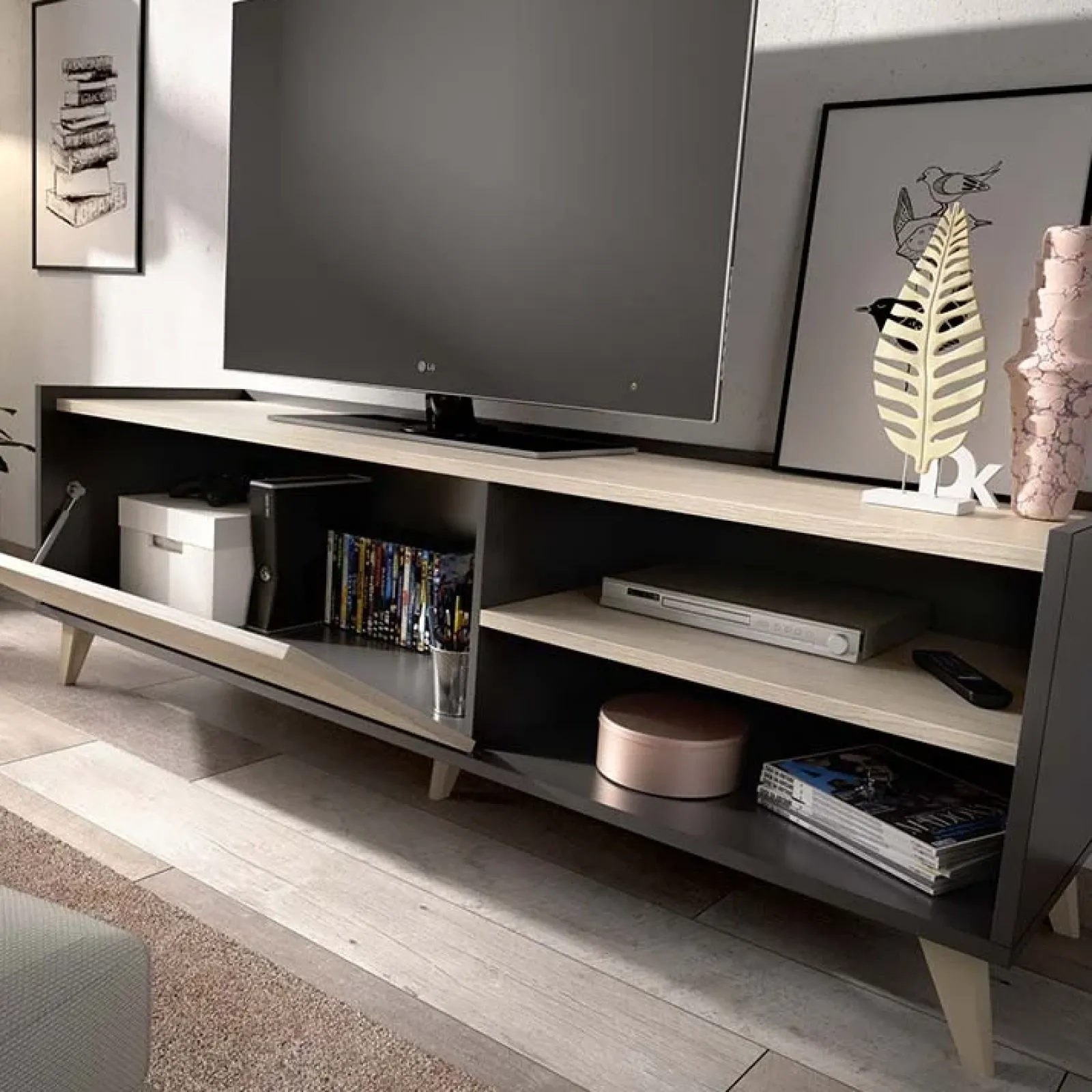 Garnero Arredamenti Mobile Tv Basso|Mobile Tv In Legno-Mobile porta TV 155x47h cm soggiorno rovere grafite Elmer Rovere - Grafite