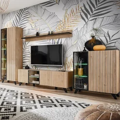 Garnero Arredamenti Mobile Tv In Legno|Mobile Tv Basso-Mobile porta TV 160x52h cm soggiorno noce con stampa nera Mendes