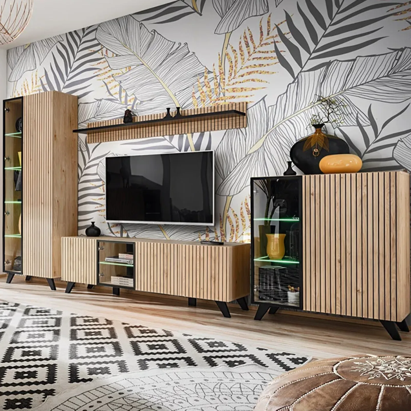 Garnero Arredamenti Mobile Tv In Legno|Mobile Tv Basso-Mobile porta TV 160x52h cm soggiorno noce con stampa nera Mendes