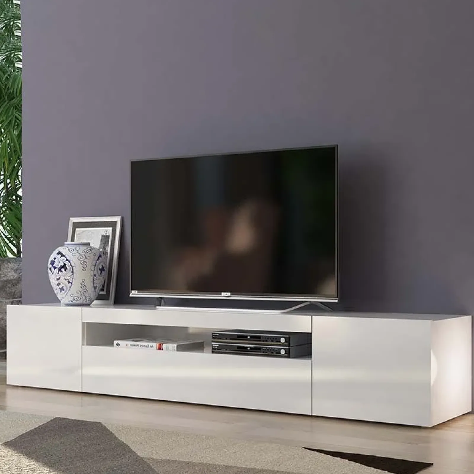 Garnero Arredamenti Mobile Tv Basso|Mobili Tv Moderni-Mobile porta TV 200x37h cm soggiorno bianco laccato lucido Light Big Gihome® Bianco Lucido
