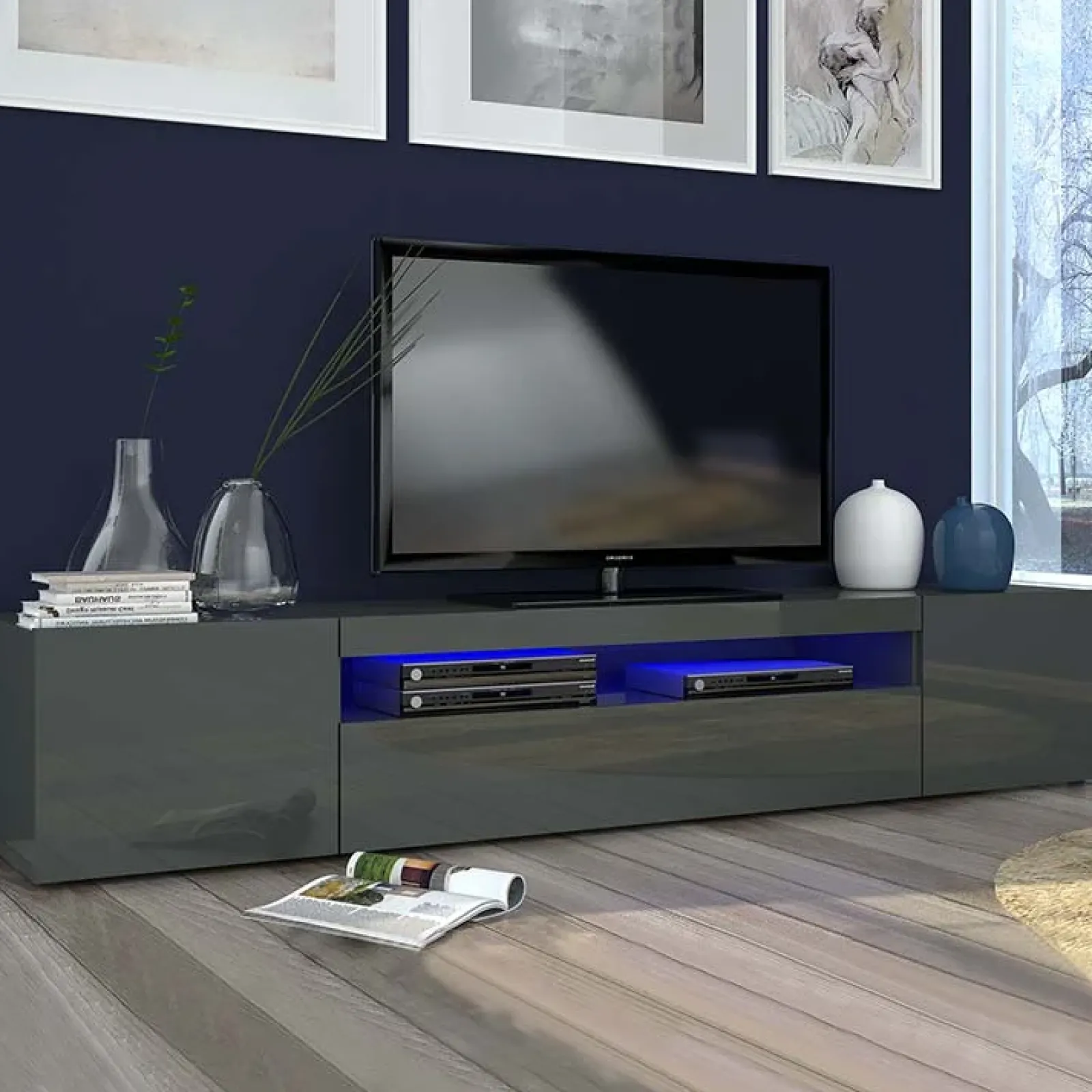 Garnero Arredamenti Mobile Tv Basso|Mobili Tv Moderni-Mobile porta TV 200x37h cm soggiorno Light Big Gihome® Antracite