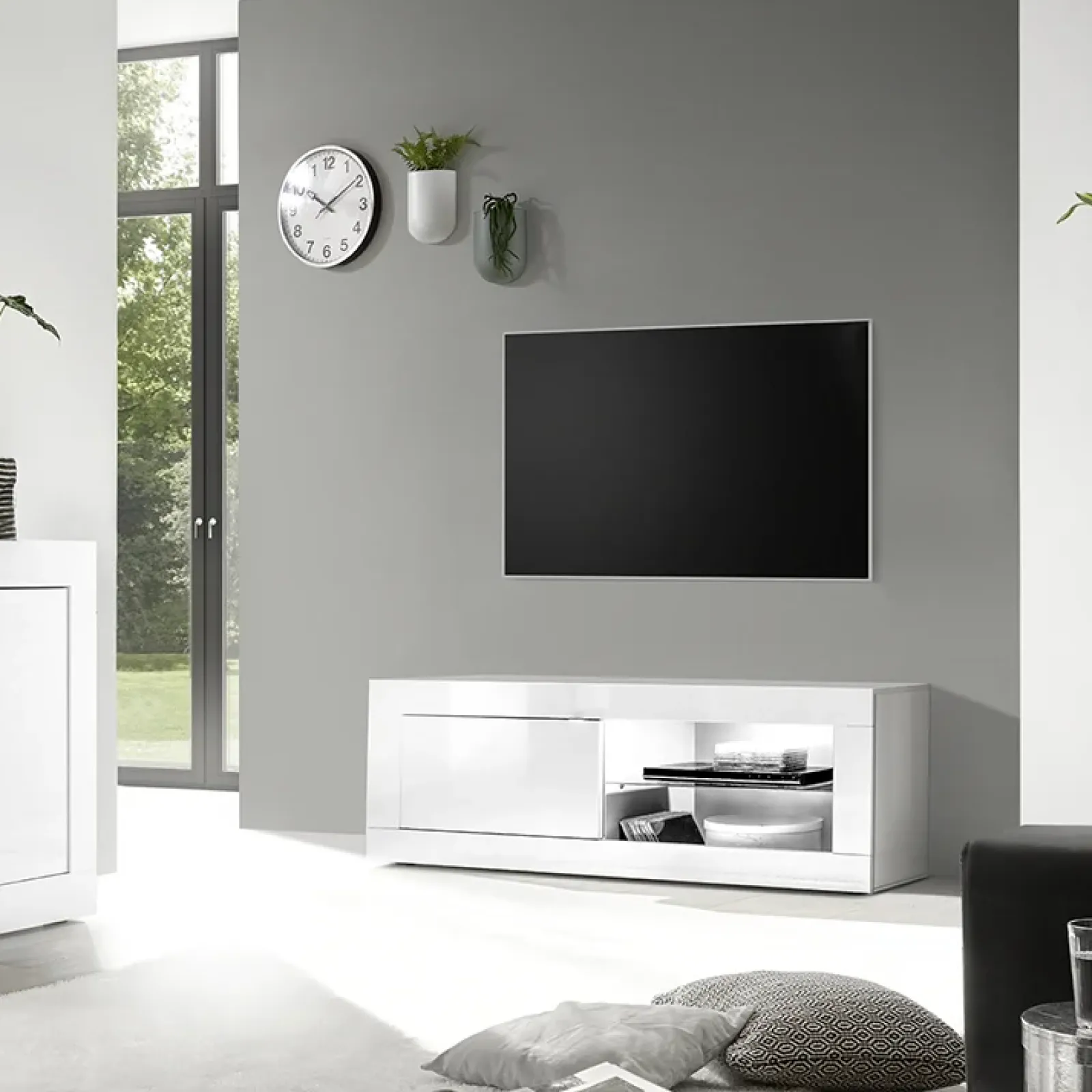 Garnero Arredamenti Mobile Tv Basso|Mobili Tv Moderni-Mobile porta TV 140x56h cm soggiorno Eternity Bianco Lucido