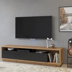 Garnero Arredamenti Mobile Tv Basso|Mobili Tv Moderni-Mobile porta TV 200x50h cm soggiorno rovere nero Favorita Rovere - Nero opaco