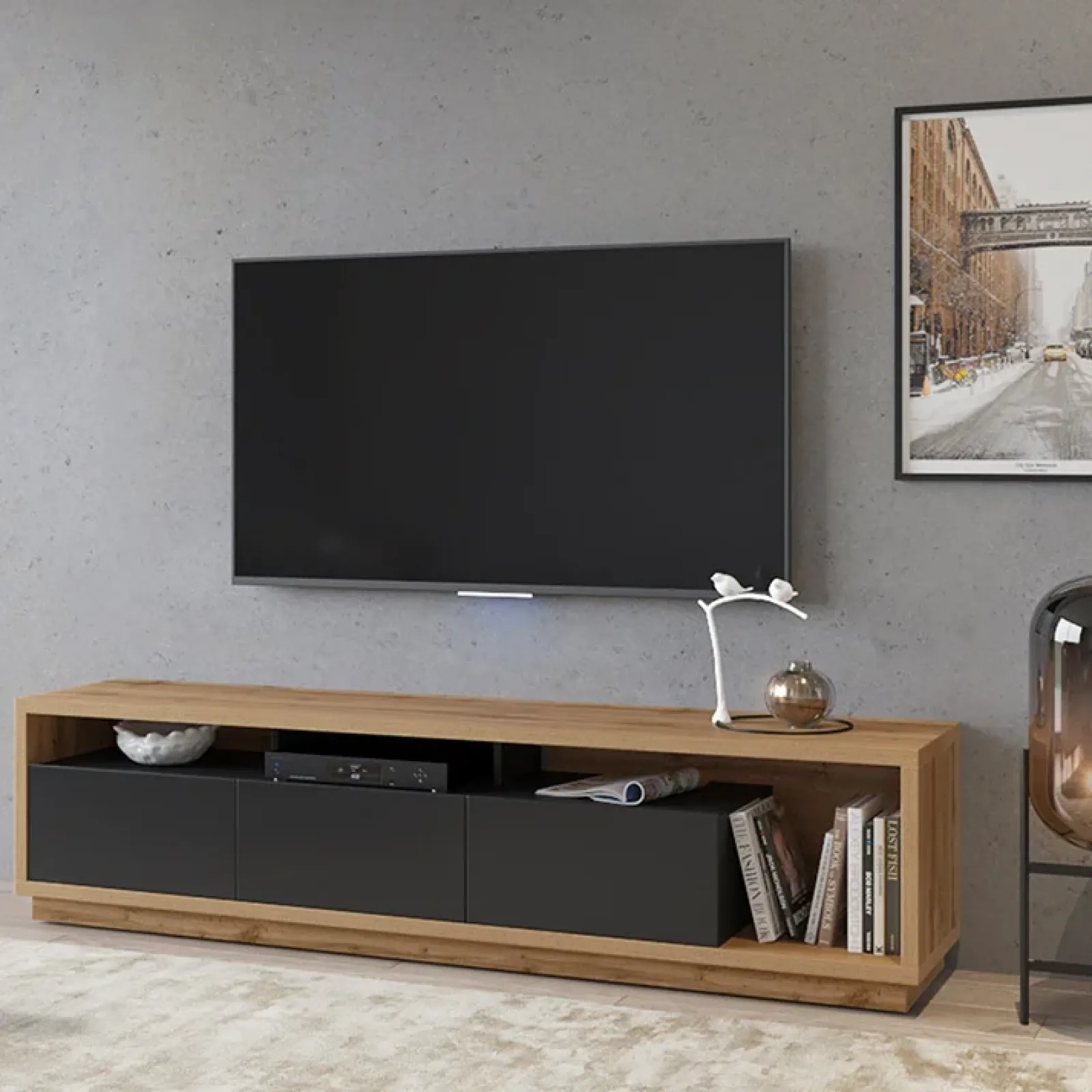 Garnero Arredamenti Mobile Tv Basso|Mobili Tv Moderni-Mobile porta TV 200x50h cm soggiorno rovere nero Favorita Rovere - Nero opaco