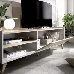 Garnero Arredamenti Mobile Tv In Legno|Mobile Tv Basso-Mobile porta TV 155x47h cm soggiorno rovere bianco Elmer Rovere - Bianco opaco