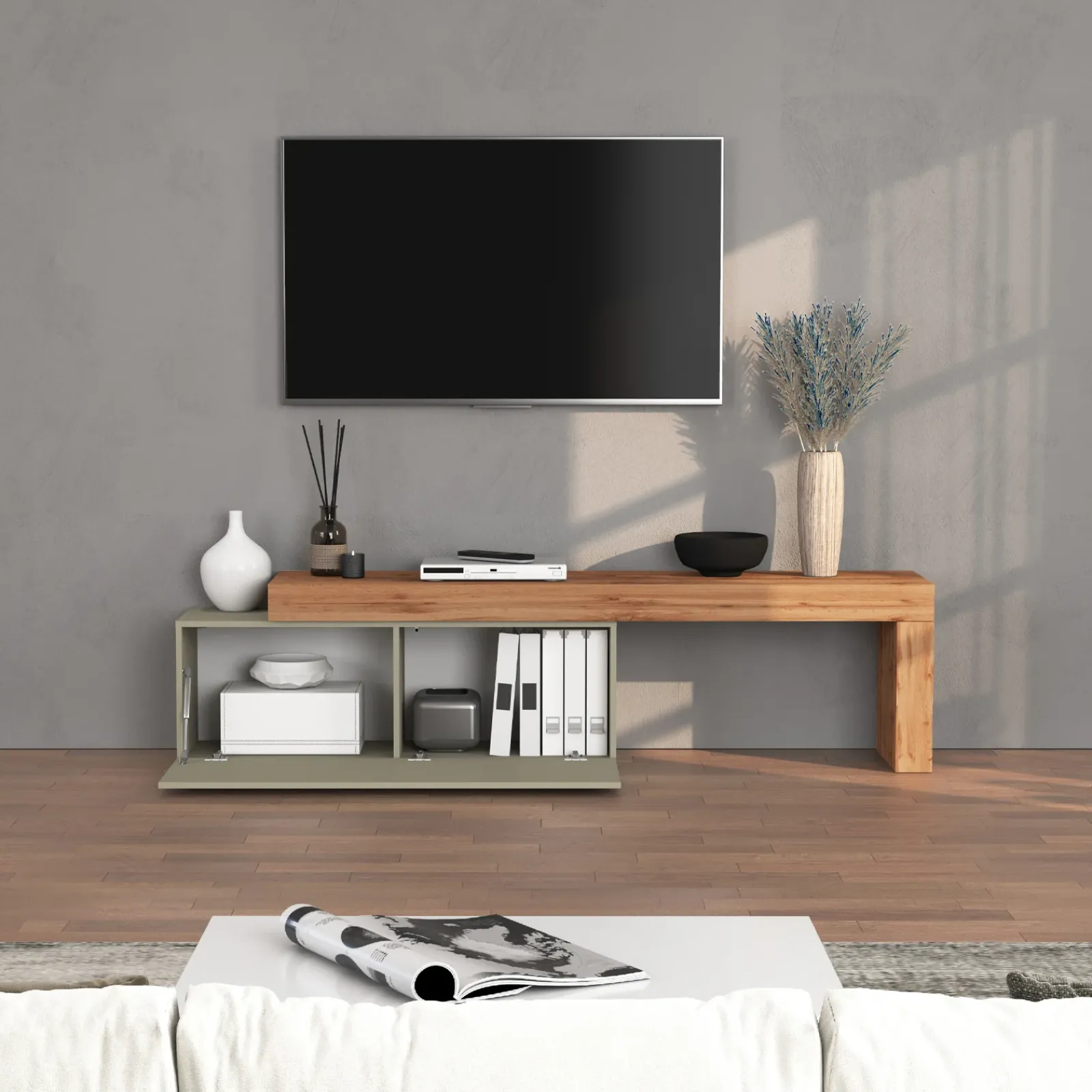 Garnero Arredamenti Mobile Tv Basso|Mobili Tv Moderni-Mobile porta tv 220x51h cm tortora rovere Block Tortora - Rovere