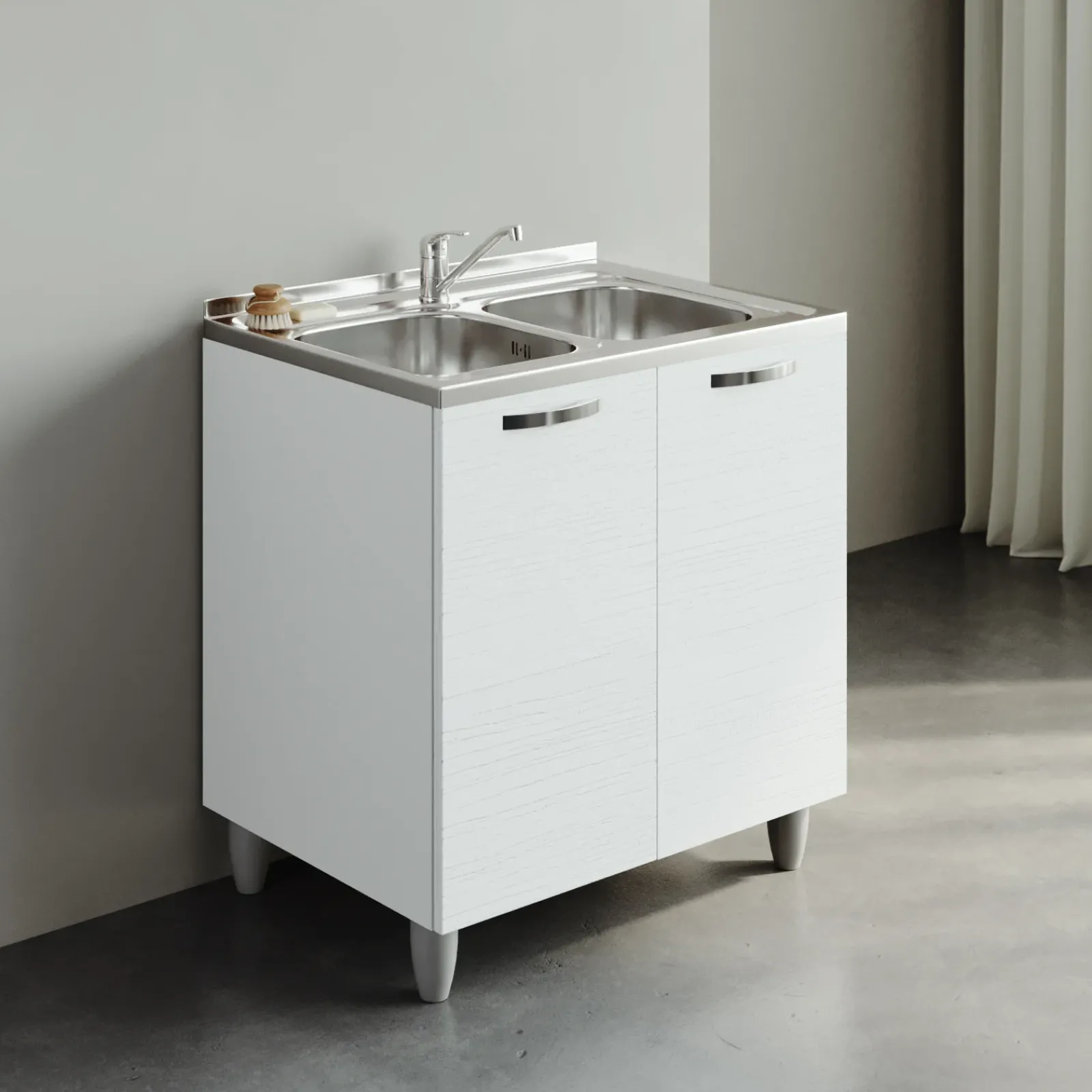 Garnero Arredamenti Mobili Sottolavello|Mobili Sottolavello-Mobile sottolavello cucina 80x86h cm multiuso con lavello 2 vasche acciaio inox Talise Bianco Frassinato