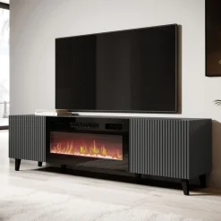 Garnero Arredamenti Camino Elettrico|Mobile Tv Basso-Mobile TV con camino 181x50h cm moderno cannettato Essence Antracite