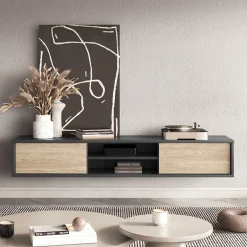 Garnero Arredamenti Mobile Tv In Legno|Mobile Tv Basso-Mobile TV soggiorno sospeso 180x32h cm 2 ante a ribalta 2 vani rovere grigio Glem Rovere - Antracite