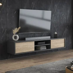 Garnero Arredamenti Mobile Tv In Legno|Mobile Tv Basso-Mobile TV soggiorno sospeso 180x32h cm 2 ante a ribalta 2 vani  rovere grigio Glem Rovere - Antracite