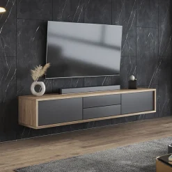 Garnero Arredamenti Mobile Tv In Legno|Mobile Tv Basso-Mobile TV soggiorno sospeso 180x32h cm 2 ante a ribalta 2 cassetti antracite rovere Glem Antracite - Rovere