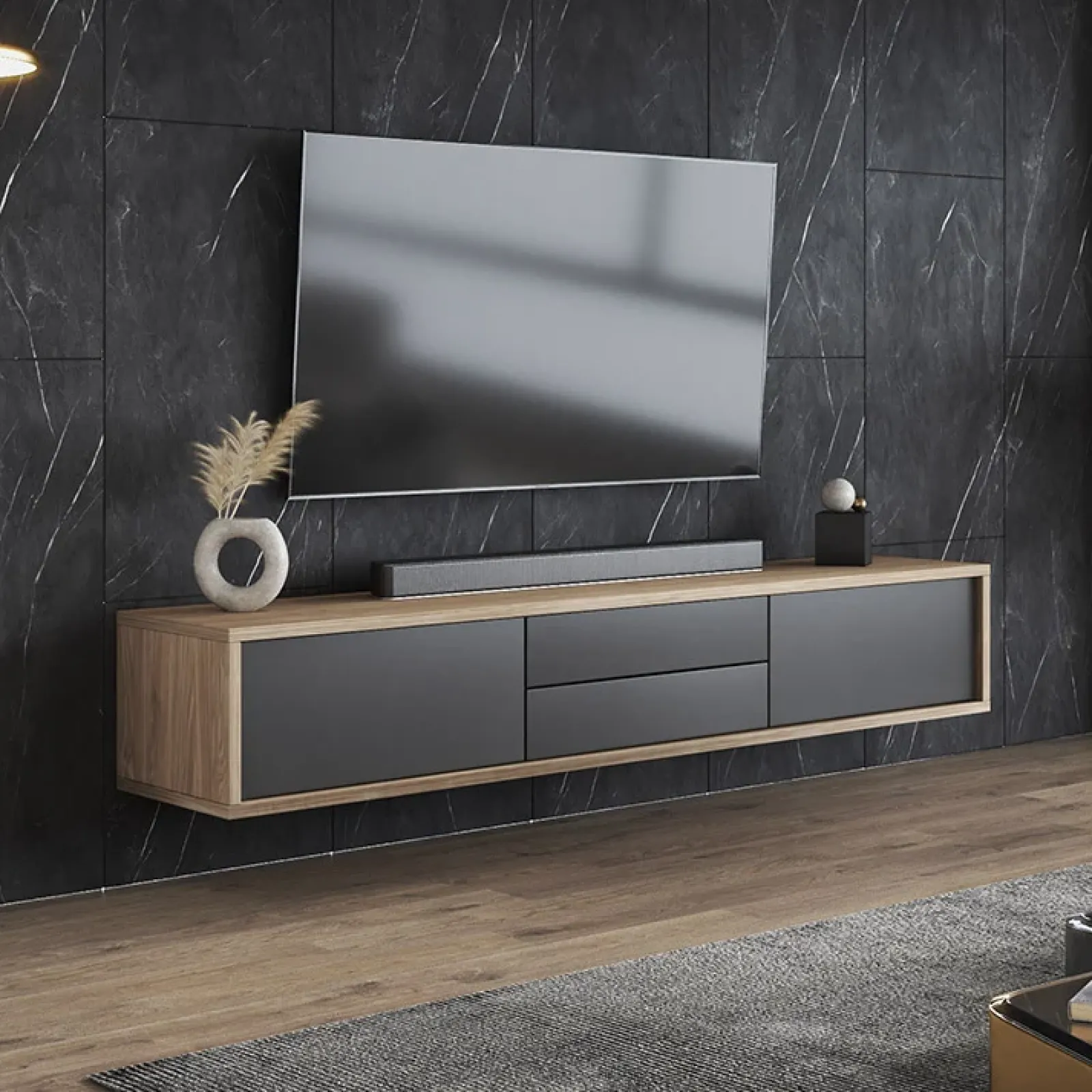 Garnero Arredamenti Mobile Tv In Legno|Mobile Tv Basso-Mobile TV soggiorno sospeso 180x32h cm 2 ante a ribalta 2 cassetti antracite rovere Glem Antracite - Rovere