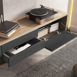 Garnero Arredamenti Mobile Tv In Legno|Mobile Tv Basso-Mobile TV soggiorno sospeso 180x32h cm 2 ante a ribalta 2 cassetti antracite rovere Glem Antracite - Rovere