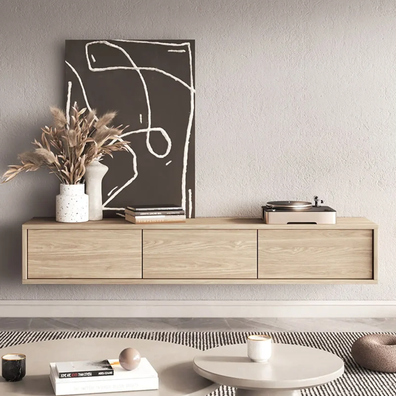 Garnero Arredamenti Mobile Tv In Legno|Mobile Tv Basso-Mobile TV soggiorno sospeso 180x32h cm 3 ante a ribalta Glem Rovere