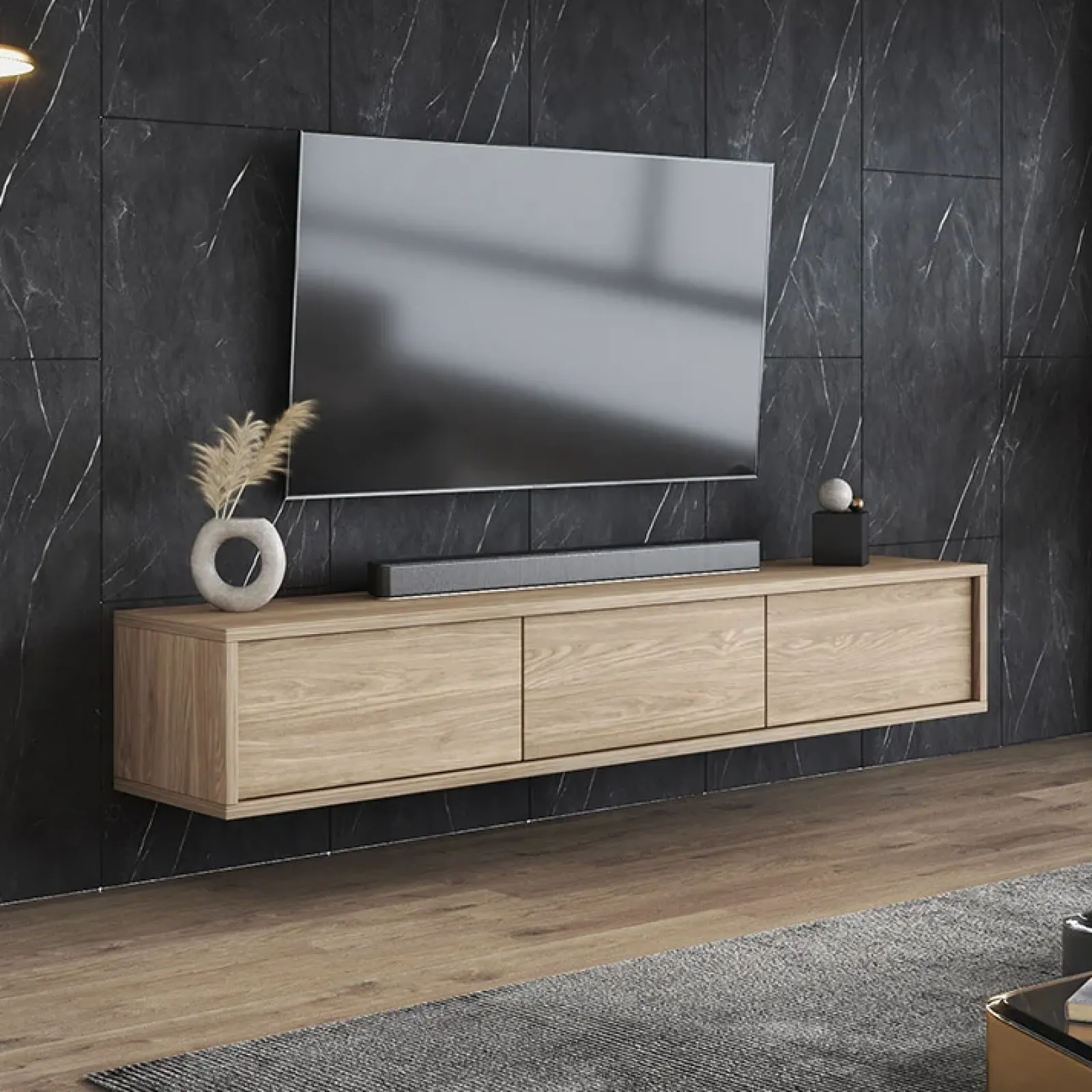 Garnero Arredamenti Mobile Tv In Legno|Mobile Tv Basso-Mobile TV soggiorno sospeso 180x32h cm 3 ante a ribalta Glem Rovere