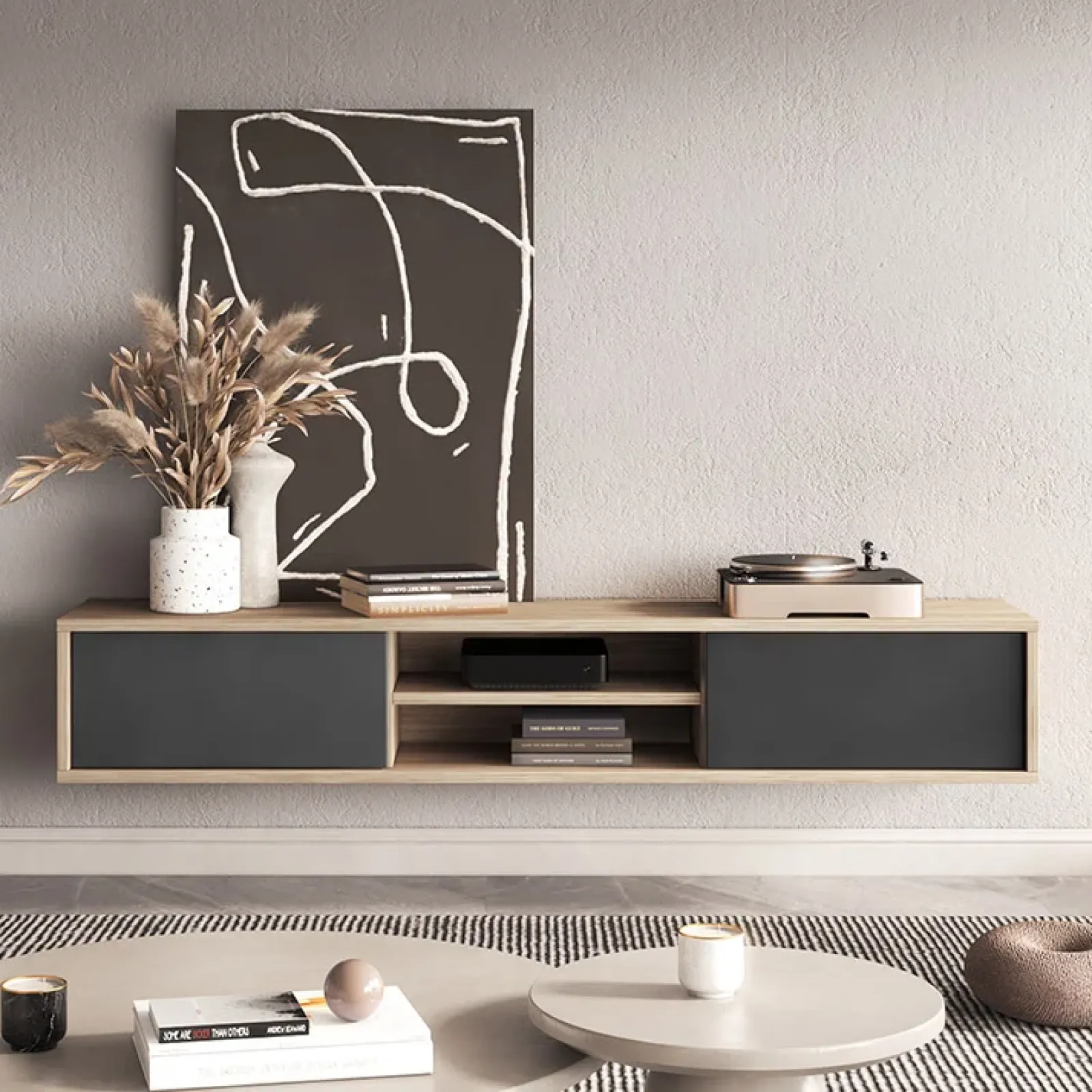 Garnero Arredamenti Mobile Tv In Legno|Mobile Tv Basso-Mobile TV soggiorno sospeso 180x32h cm 2 ante a ribalta 2 vani antracite rovere Glem Antracite - Rovere