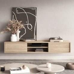 Garnero Arredamenti Mobile Tv In Legno|Mobile Tv Basso-Mobile TV soggiorno sospeso 180x32h cm 2 ante a ribalta 2 vani Glem Rovere