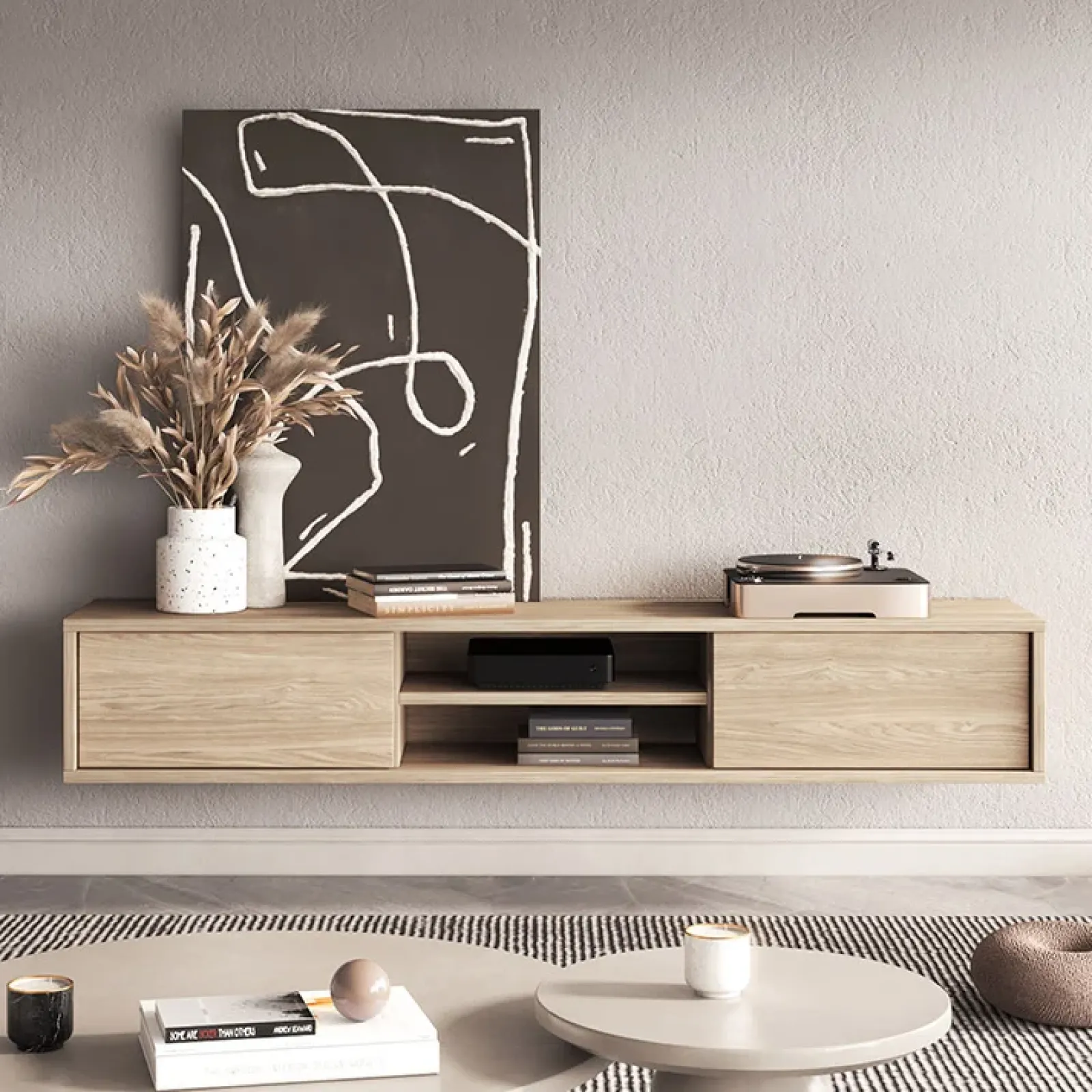 Garnero Arredamenti Mobile Tv In Legno|Mobile Tv Basso-Mobile TV soggiorno sospeso 180x32h cm 2 ante a ribalta 2 vani Glem Rovere