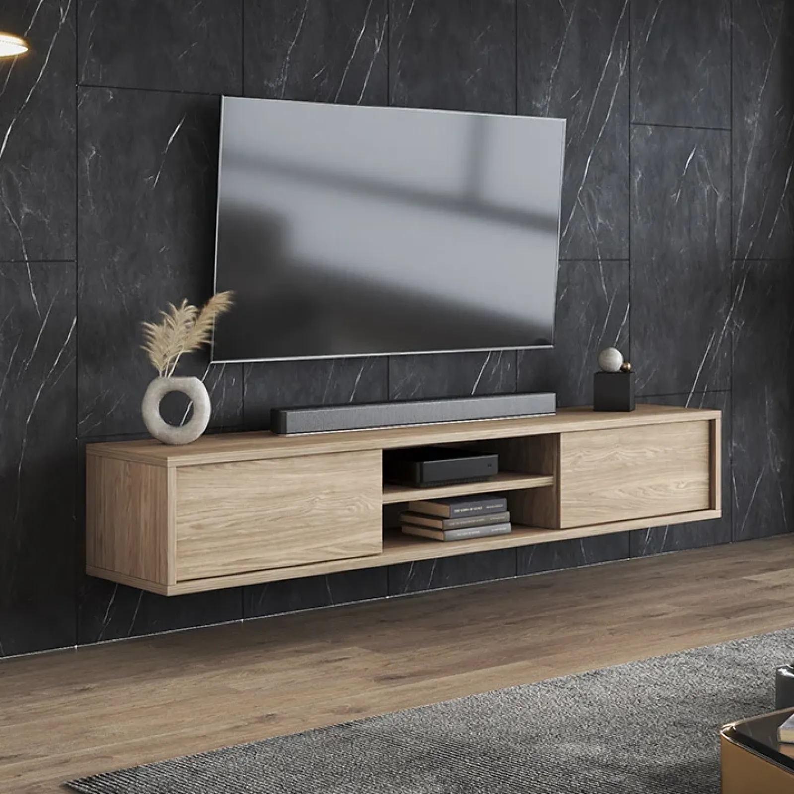 Garnero Arredamenti Mobile Tv In Legno|Mobile Tv Basso-Mobile TV soggiorno sospeso 180x32h cm 2 ante a ribalta 2 vani Glem Rovere