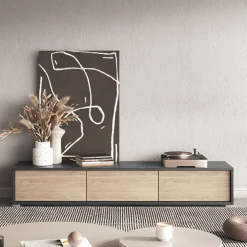 Garnero Arredamenti Mobile Tv In Legno|Mobile Tv Basso-Mobile TV soggiorno sospeso 180x32h cm 3 ante a ribalta rovere grigio Glem Rovere - Antracite