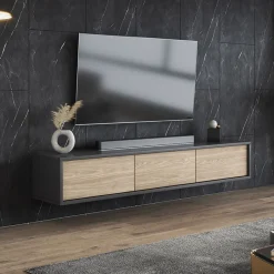 Garnero Arredamenti Mobile Tv In Legno|Mobile Tv Basso-Mobile TV soggiorno sospeso 180x32h cm 3 ante a ribalta rovere grigio Glem Rovere - Antracite
