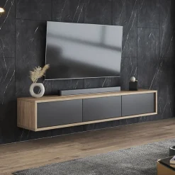 Garnero Arredamenti Mobile Tv In Legno|Mobile Tv Basso-Mobile TV soggiorno sospeso 180x32h cm 3 ante a ribalta antracite rovere Glem Antracite - Rovere