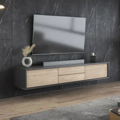 Garnero Arredamenti Mobile Tv In Legno|Mobile Tv Basso-Mobile TV soggiorno sospeso 180x32h cm 2 ante a ribalta 2 cassetti  rovere grigio Glem Rovere - Antracite