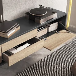 Garnero Arredamenti Mobile Tv In Legno|Mobile Tv Basso-Mobile TV soggiorno sospeso 180x32h cm 2 ante a ribalta 2 cassetti  rovere grigio Glem Rovere - Antracite