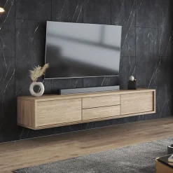 Garnero Arredamenti Mobile Tv In Legno|Mobile Tv Basso-Mobile TV soggiorno sospeso 180x32h cm 2 ante a ribalta 2 cassetti Glem Rovere
