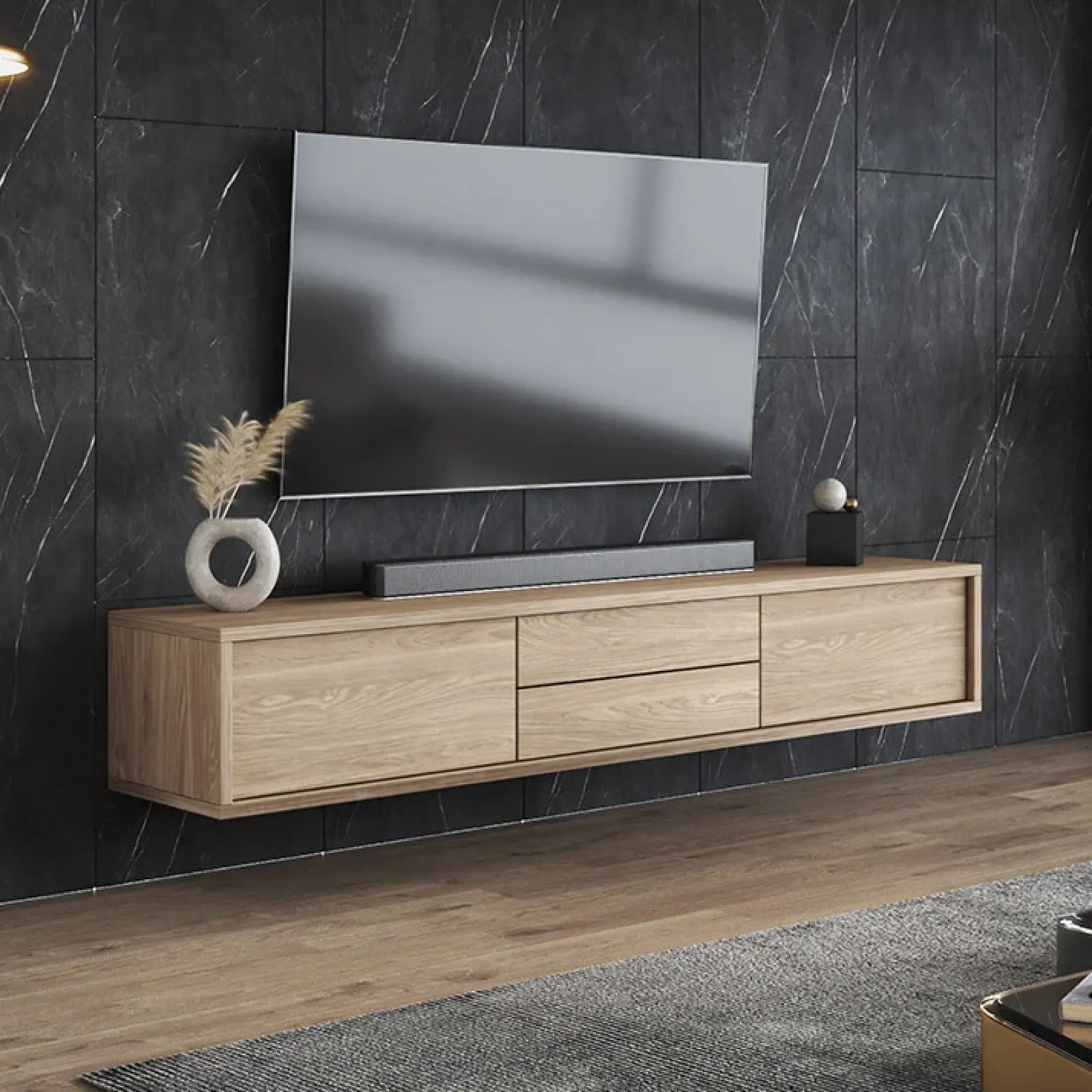 Garnero Arredamenti Mobile Tv In Legno|Mobile Tv Basso-Mobile TV soggiorno sospeso 180x32h cm 2 ante a ribalta 2 cassetti Glem Rovere