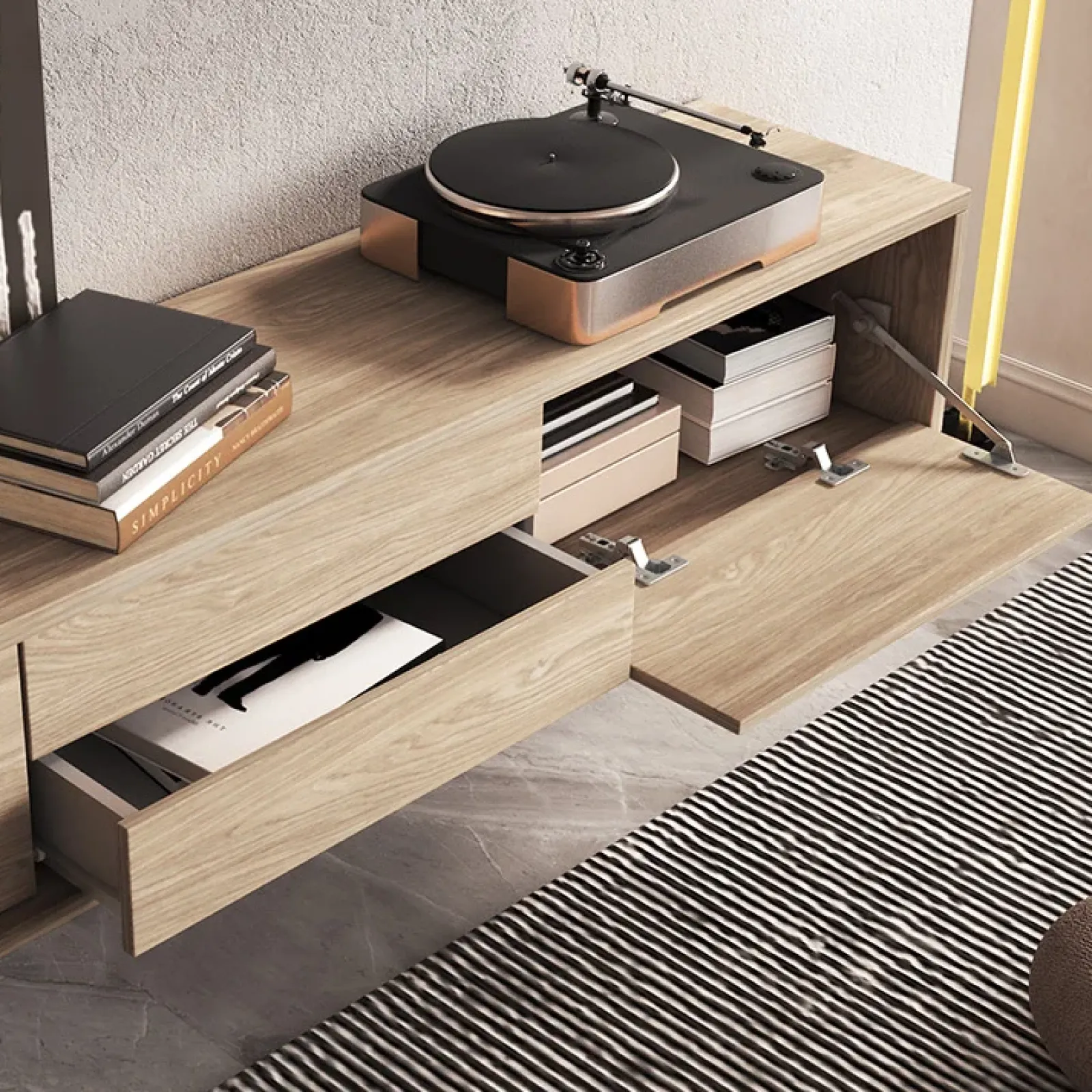 Garnero Arredamenti Mobile Tv In Legno|Mobile Tv Basso-Mobile TV soggiorno sospeso 180x32h cm 2 ante a ribalta 2 cassetti Glem Rovere