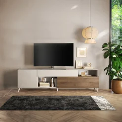 Garnero Arredamenti Mobile Tv Basso|Mobili Tv Moderni-Mobile TV 241x67h cm 2 ante 1 cassetto beige rovere scuro Witty Noce - Beige