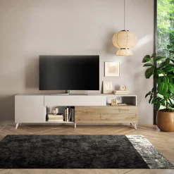 Garnero Arredamenti Mobile Tv Basso|Mobili Tv Moderni-Mobile TV 241x67h cm 2 ante 1 cassetto beige rovere chiaro Witty Rovere - Beige