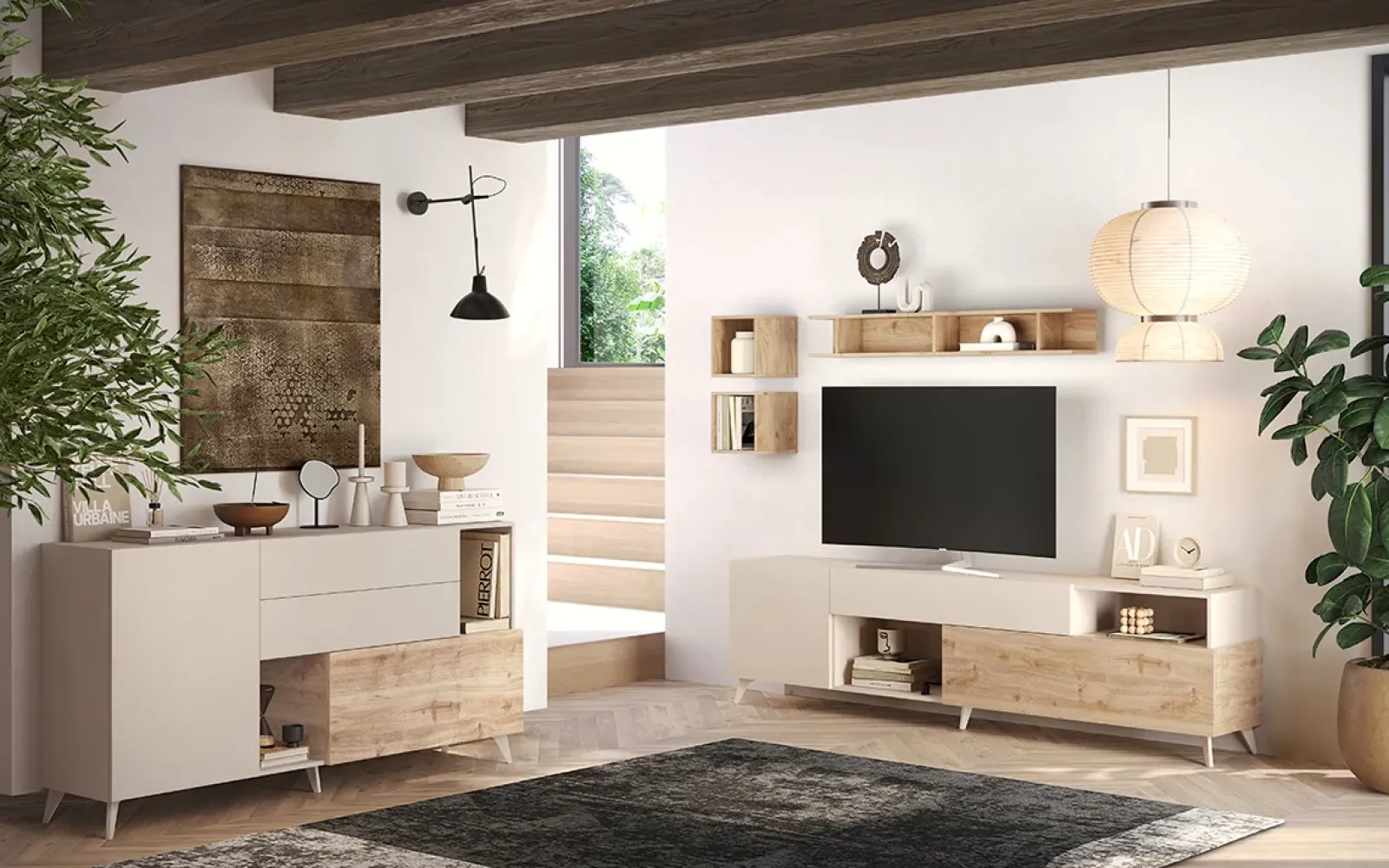 Garnero Arredamenti Mobile Tv Basso|Mobili Tv Moderni-Mobile TV 241x67h cm 2 ante 1 cassetto beige rovere chiaro Witty Rovere - Beige