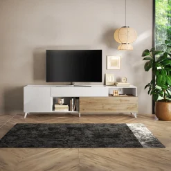 Garnero Arredamenti Mobile Tv Basso|Mobili Tv Moderni-Mobile TV 241x67h cm 2 ante 1 cassetto bianco lucido rovere chiaro Witty Rovere - Bianco Lucido