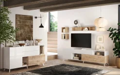 Garnero Arredamenti Mobile Tv Basso|Mobili Tv Moderni-Mobile TV 241x67h cm 2 ante 1 cassetto bianco lucido rovere chiaro Witty Rovere - Bianco Lucido