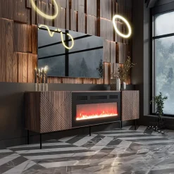 Garnero Arredamenti Camino Elettrico|Mobili Tv Moderni-Mobile TV 191x68h cm con caminetto noce scuro con frontali serigrafati Savanna