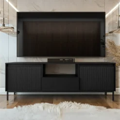 Garnero Arredamenti Mobile Tv Basso|Mobili Tv Moderni-Mobile TV 174x55h cm design cannettato nero Strike Nero Opaco