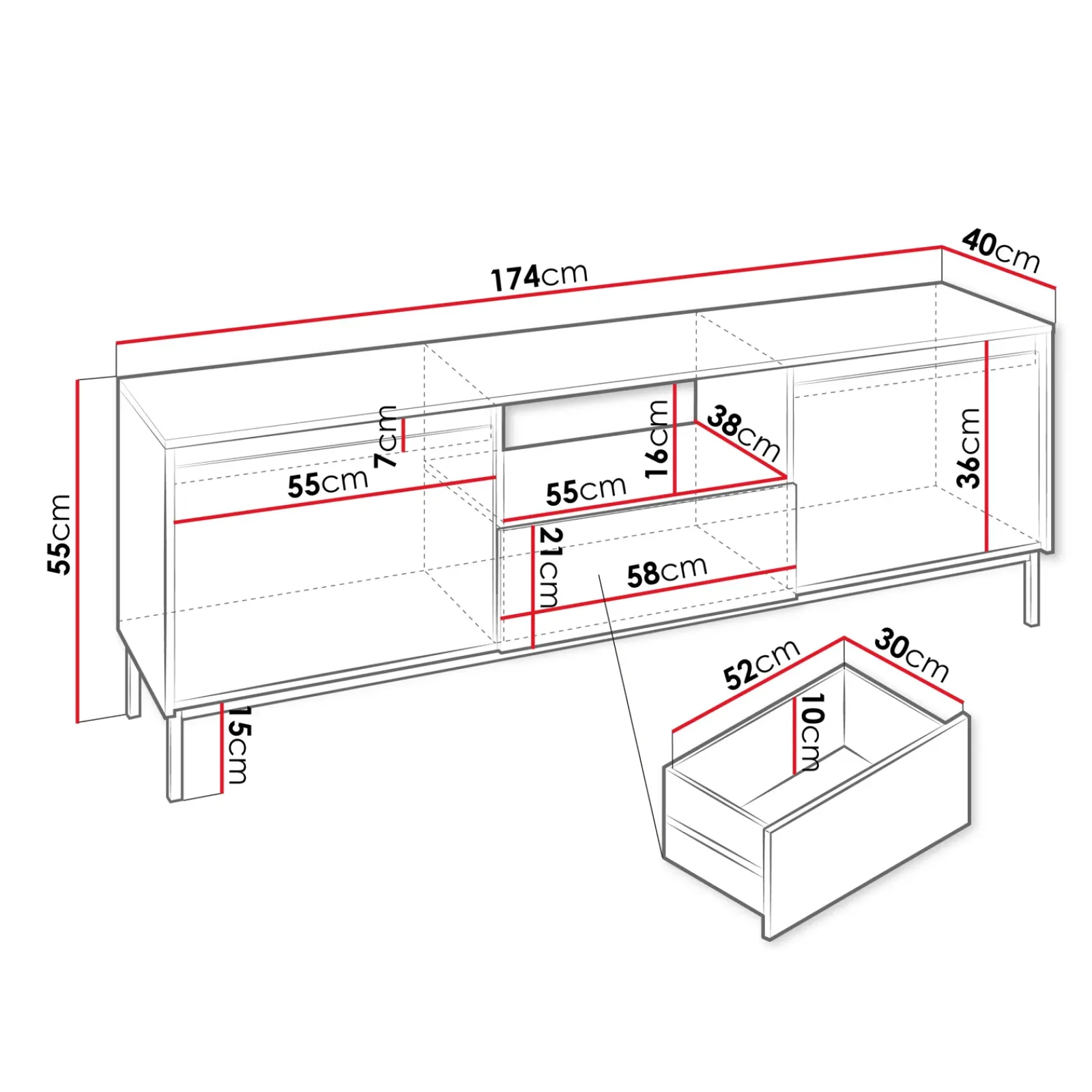 Garnero Arredamenti Mobile Tv Basso|Mobili Tv Moderni-Mobile TV 174x55h cm design cannettato nero Strike Nero Opaco