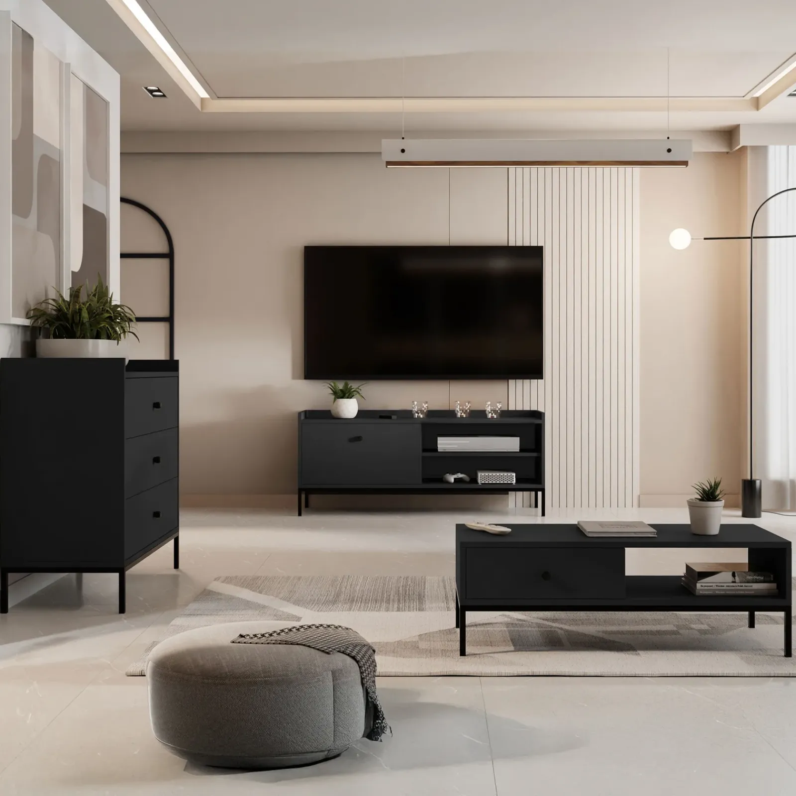 Garnero Arredamenti Mobile Tv Basso|Mobili Tv Moderni-Mobile TV 140x55h cm design moderno nero Pollon Nero Opaco