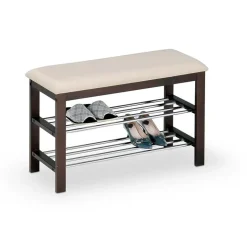 Garnero Arredamenti Panca Ingresso-Panca scarpiera imbottita 81x49cm wengè acciaio panna Zeo Noce - Beige
