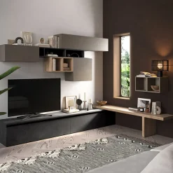 Garnero Arredamenti Parete Attrezzata Angolare|Parete Attrezzata A Terra-Parete attrezzata angolare 276x190h cm antracite tortora rovere Sunset 45 Tortora - Rovere