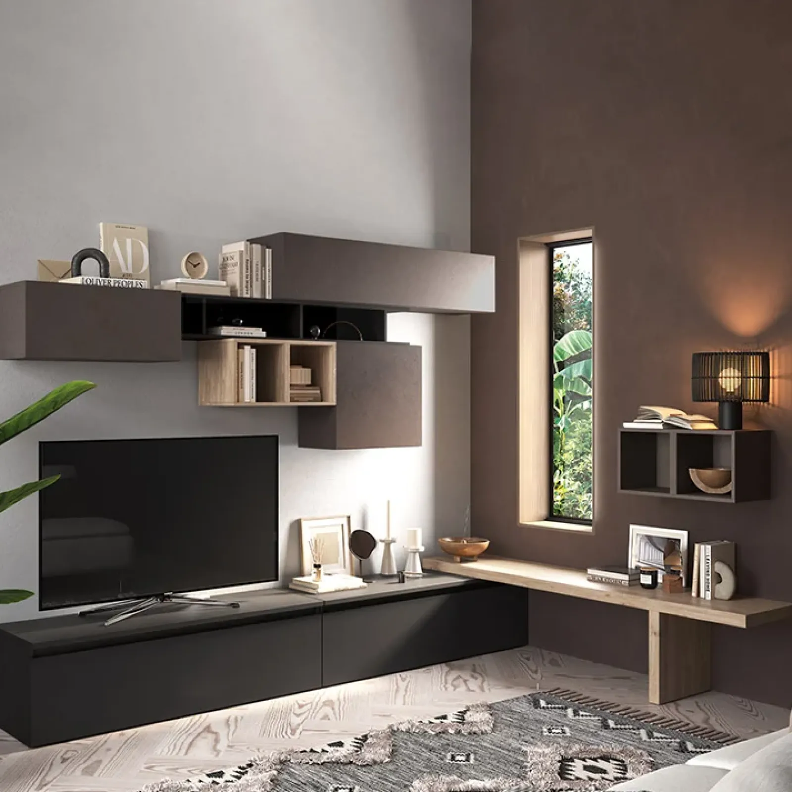 Garnero Arredamenti Parete Attrezzata Angolare|Parete Attrezzata A Terra-Parete attrezzata angolare 276x190h cm marrone ossido nero rovere Sunset 45 Ossido - Rovere