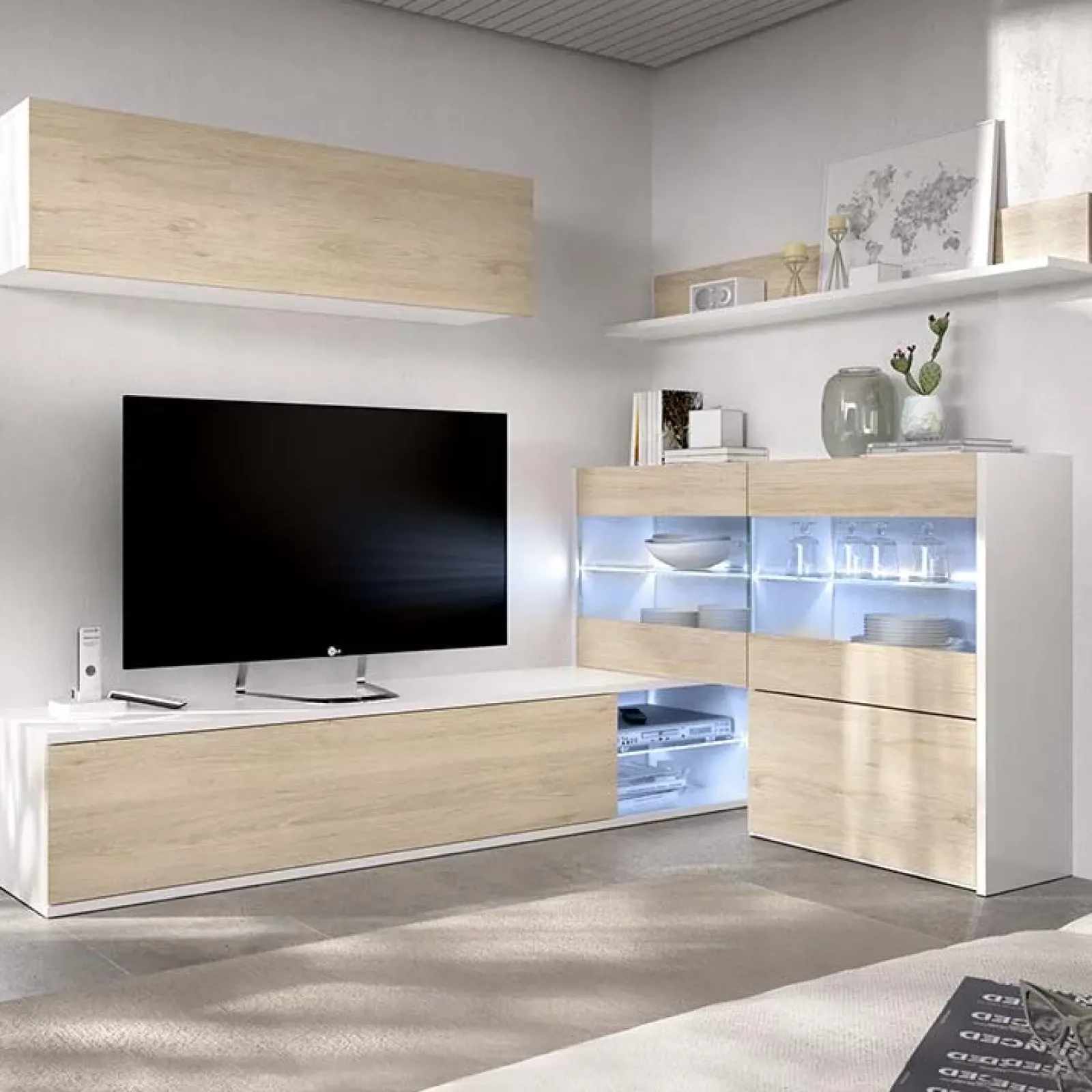 Garnero Arredamenti Parete Attrezzata A Terra|Pareti Attrezzate-Parete attrezzata componibile 260x175h cm rovere bianco lucido Emily