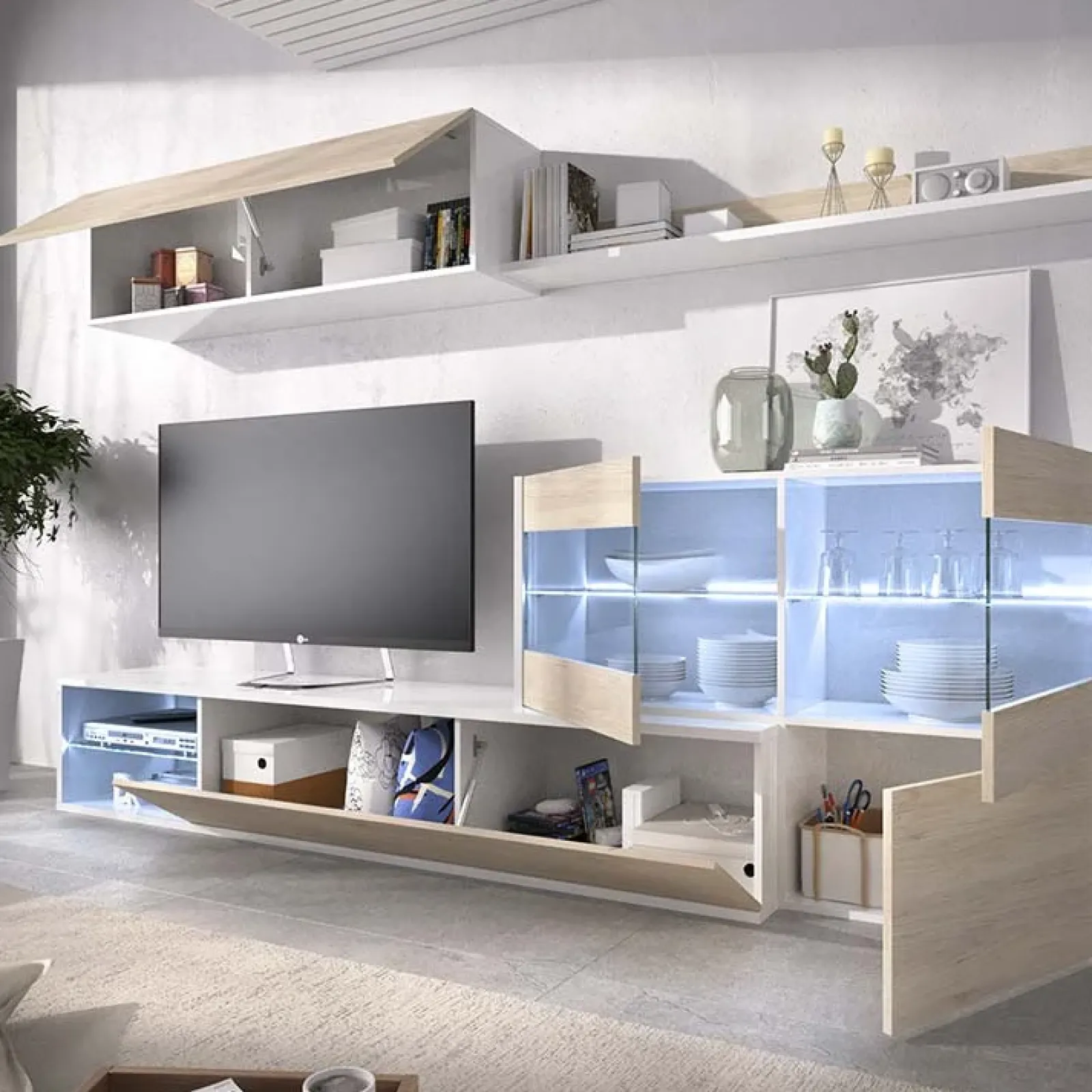 Garnero Arredamenti Parete Attrezzata A Terra|Pareti Attrezzate-Parete attrezzata componibile 260x175h cm rovere bianco lucido Emily