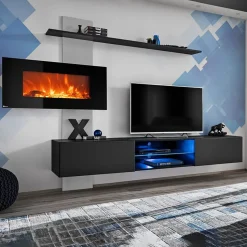 Garnero Arredamenti Camino Elettrico|Parete Attrezzata Con Camino-Parete attrezzata con camino elettrico 250x170h cm nero grigio Giotto