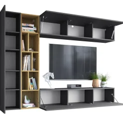 Garnero Arredamenti Parete Attrezzata Sospesa|Pareti Attrezzate-Parete attrezzata sospesa 224x160h cm moderna rovere Artemisia Antracite