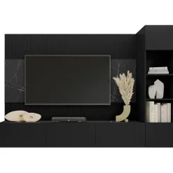 Garnero Arredamenti Parete Attrezzata Sospesa|Pareti Attrezzate-Parete attrezzata sospesa 220x150h cm con colonna nero cannettato effetto marmo Ilaria Nero Opaco