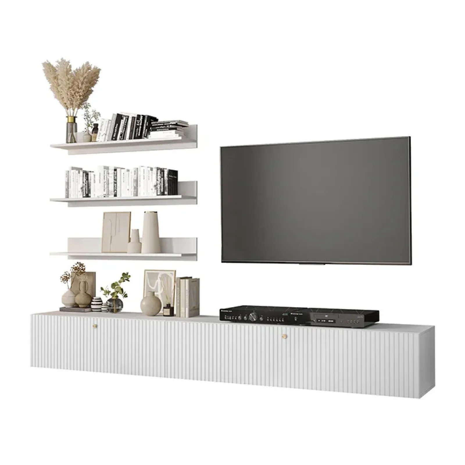 Garnero Arredamenti Parete Attrezzata Sospesa|Pareti Attrezzate-Parete attrezzata sospesa 250x150h cm bianco Kiruna 2 Bianco Opaco