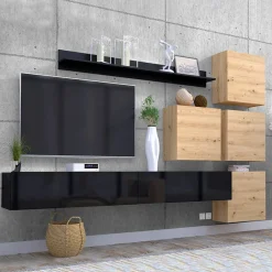 Garnero Arredamenti Parete Attrezzata Sospesa|Pareti Attrezzate-Parete attrezzata sospesa 300x210h cm nero lucido rovere Tempus Rovere - Nero Lucido